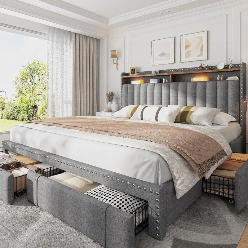 King Size Bed Frame With Storage Drawers - EnHomee Cadre de lit king size