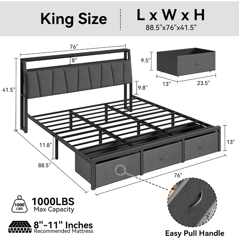 Cadre de lit King Size avec tê - King Size Bed Frame With Storage Drawers avis et prix